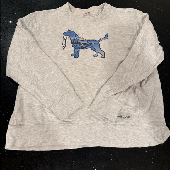 Life Is Good Heather Gray Sweatshirt with Blue Dog Design Macro Micro Dogscape - Picture 3 of 8